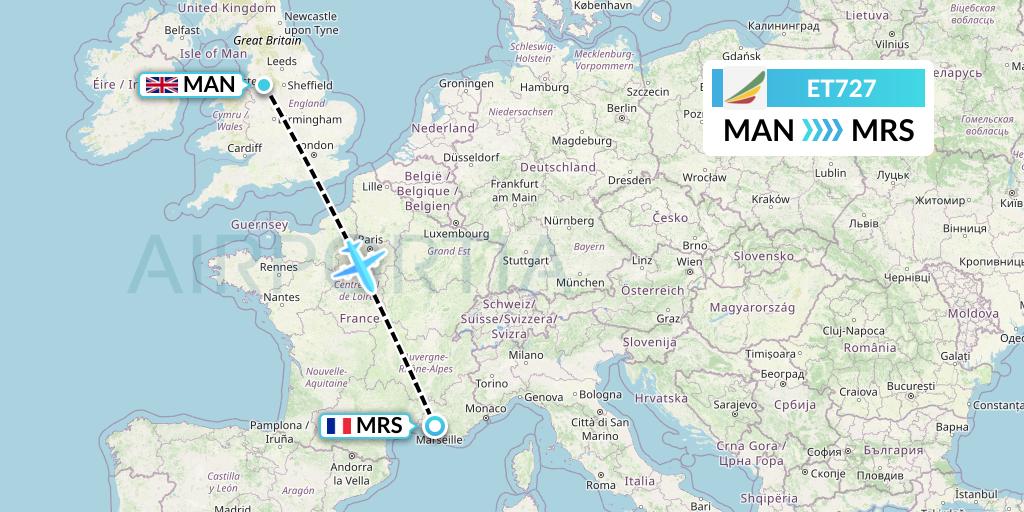 ET727 Ethiopian Airlines Flight Map: Manchester to Marseille