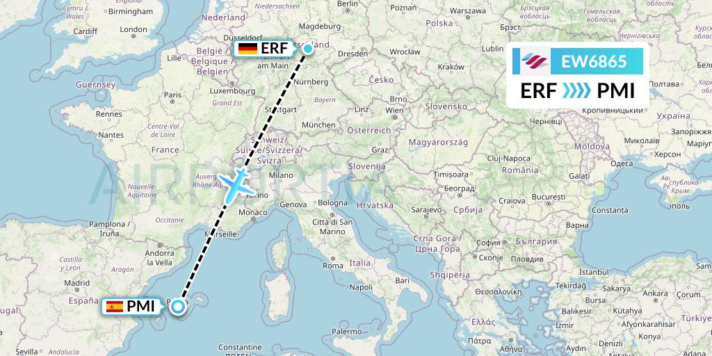 EW6865 Eurowings Flight Map: Erfurt to Palma de Mallorca