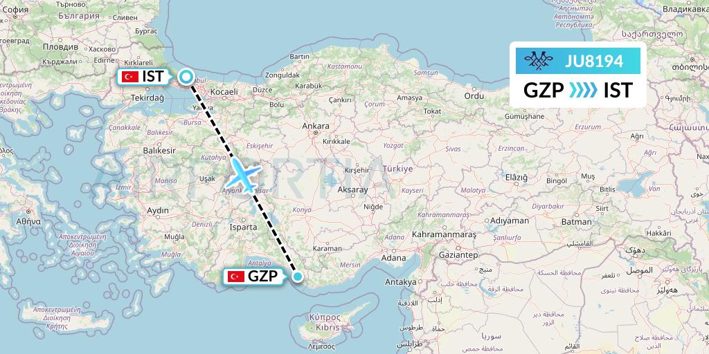 JU8194 AirSERBIA Flight Map: Gazipasa to Istanbul