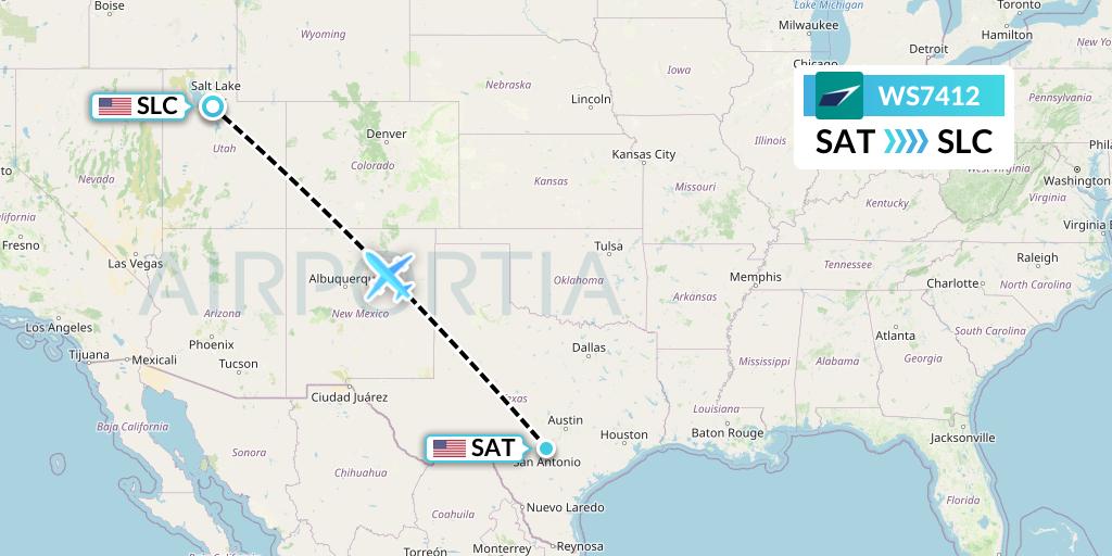 WS7412 WestJet Flight Map: San Antonio to Salt Lake City