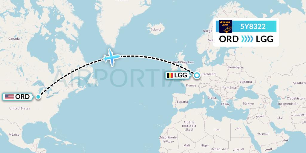 5Y8322 Atlas Air Flight Map: Chicago to Liege