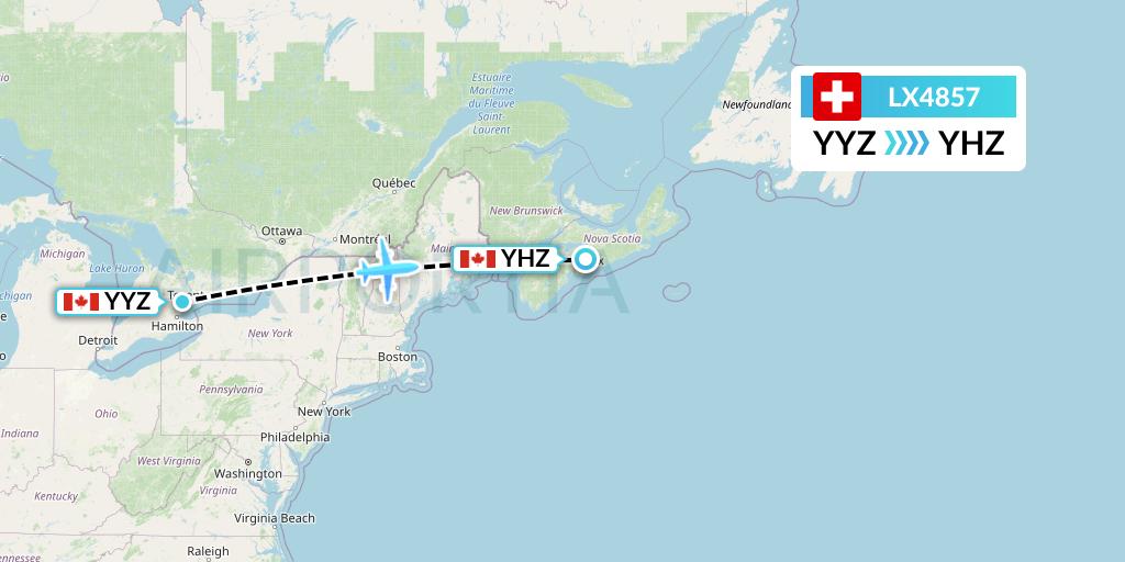 LX4857 Swiss Flight Map: Toronto to Halifax
