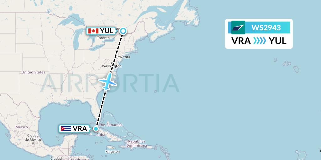 WS2943 WestJet Flight Map: Varadero to Montreal