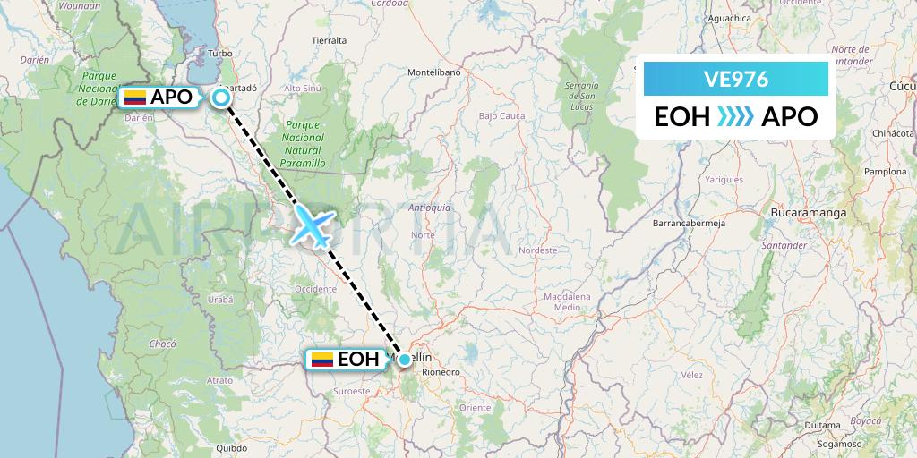 VE976 Easyfly Flight Map: Medellin to Apartado