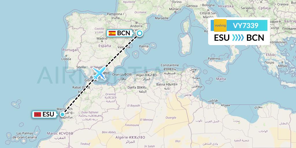 VY7339 Vueling Flight Map: Essaouira to Barcelona