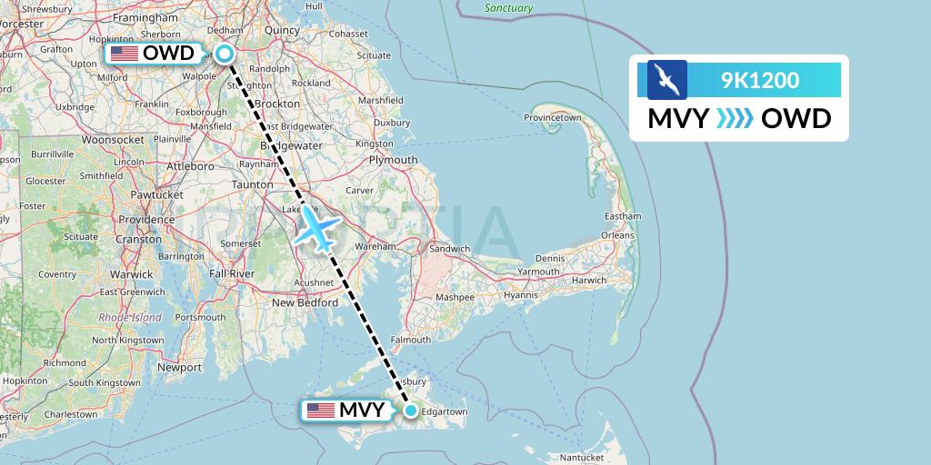 9K1200 Cape Air Flight Map: Martha's Vineyard to Norwood