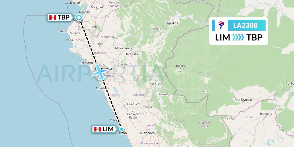 LA2308 LAN Airlines Flight Map: Lima to Tumbes