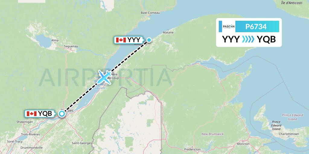 P6734 Pascan Aviation Flight Map: Mont-Joli to Quebec