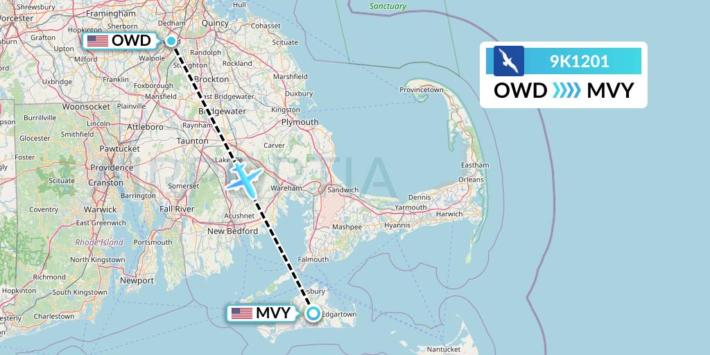 9K1201 Cape Air Flight Map: Norwood to Martha's Vineyard