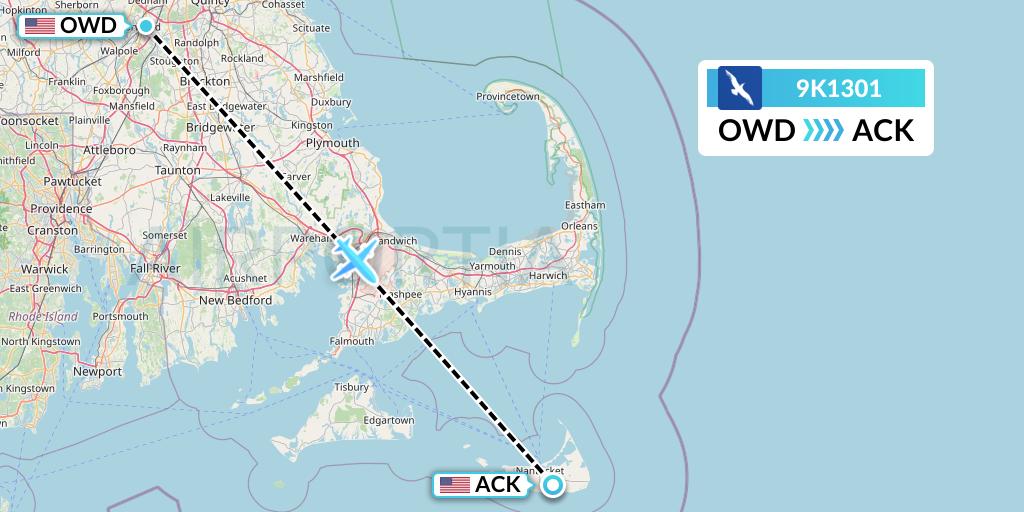 9K1301 Cape Air Flight Map: Norwood to Nantucket