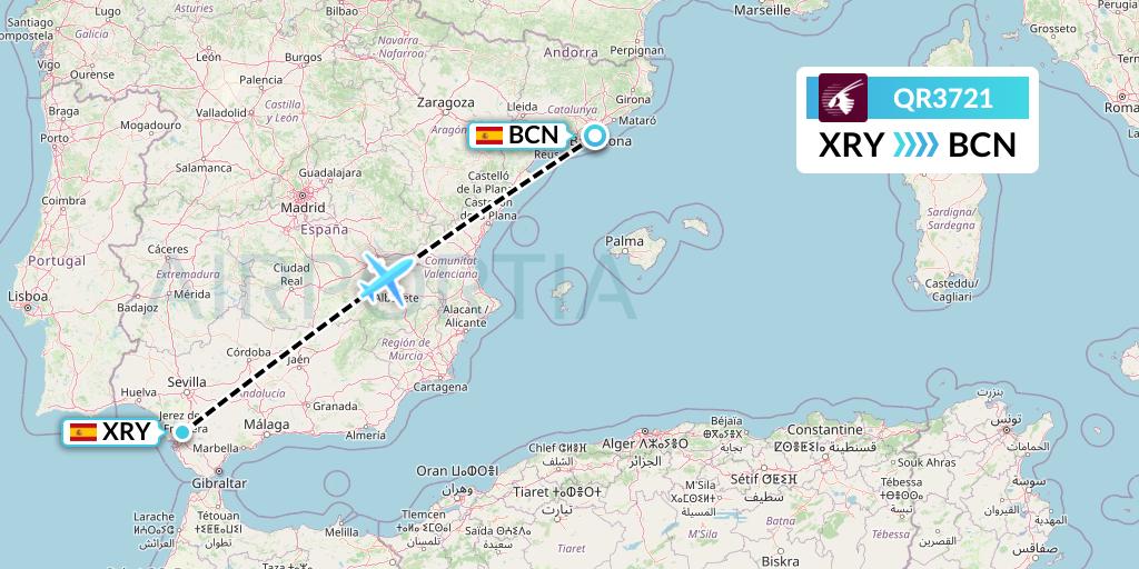 QR3721 Qatar Airways Flight Map: Jerez to Barcelona