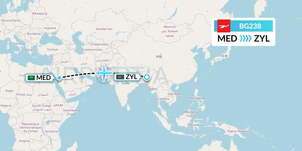 BG238 Biman Bangladesh Airlines Flight Map: Medina to Sylhet