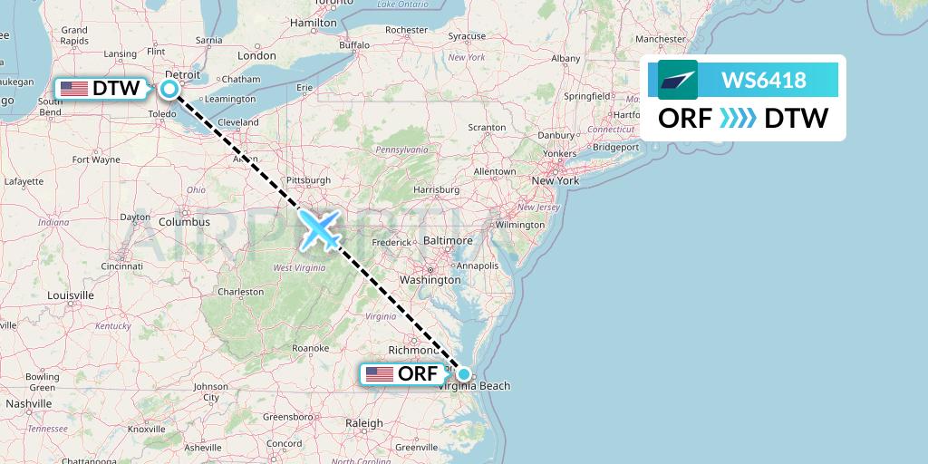 WS6418 WestJet Flight Map: Norfolk to Detroit