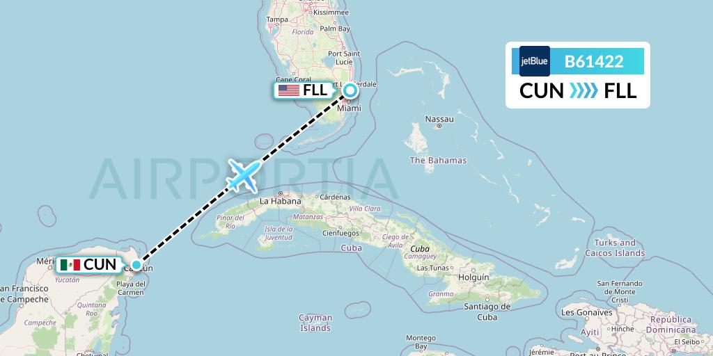 B61422 JetBlue Airways Flight Map: Cancun to Fort Lauderdale