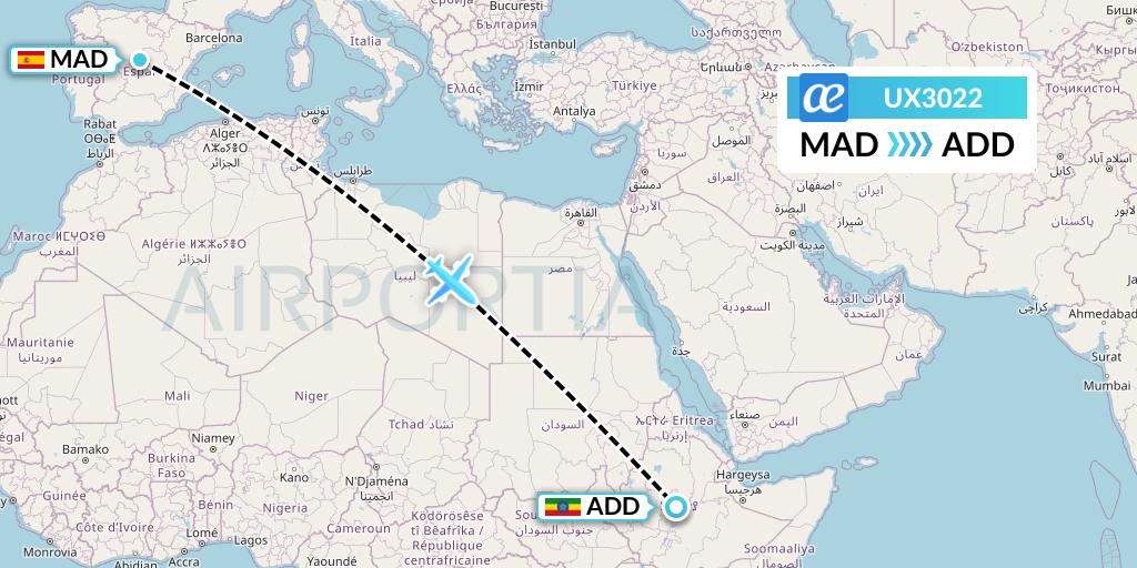 UX3022 Air Europa Flight Map: Madrid to Addis Ababa