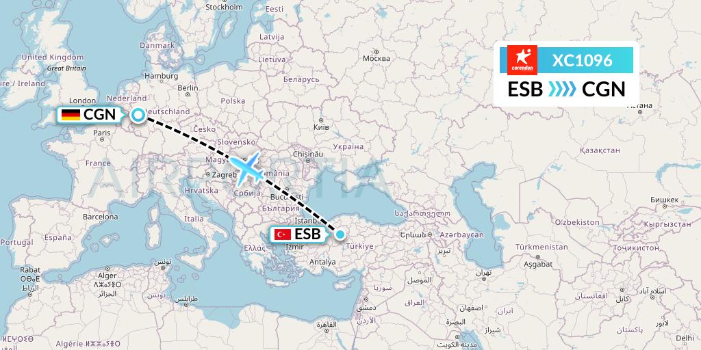 XC1096 Corendon Airlines Flight Map: Ankara to Cologne