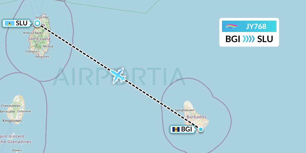 JY768 InterCaribbean Airways Flight Map: Bridgetown to Castries