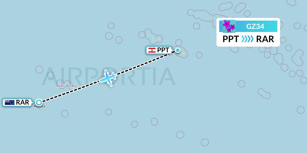 GZ34 Air Rarotonga Flight Map: Papeete to Avarua