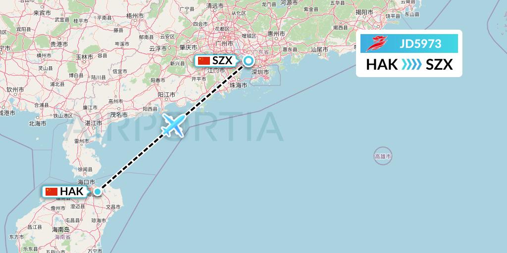 JD5973 Capital Airlines Flight Map: Haikou to Shenzhen