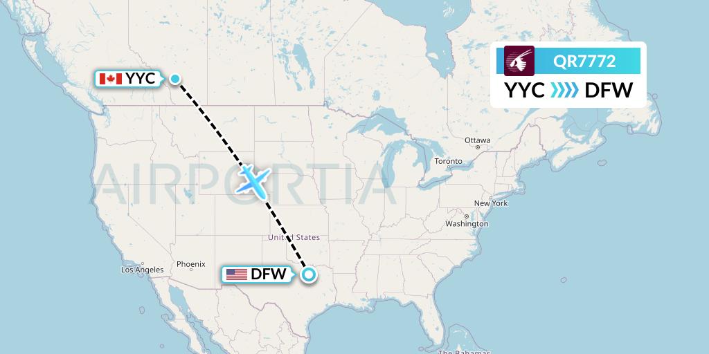QR7772 Qatar Airways Flight Map: Calgary to Dallas