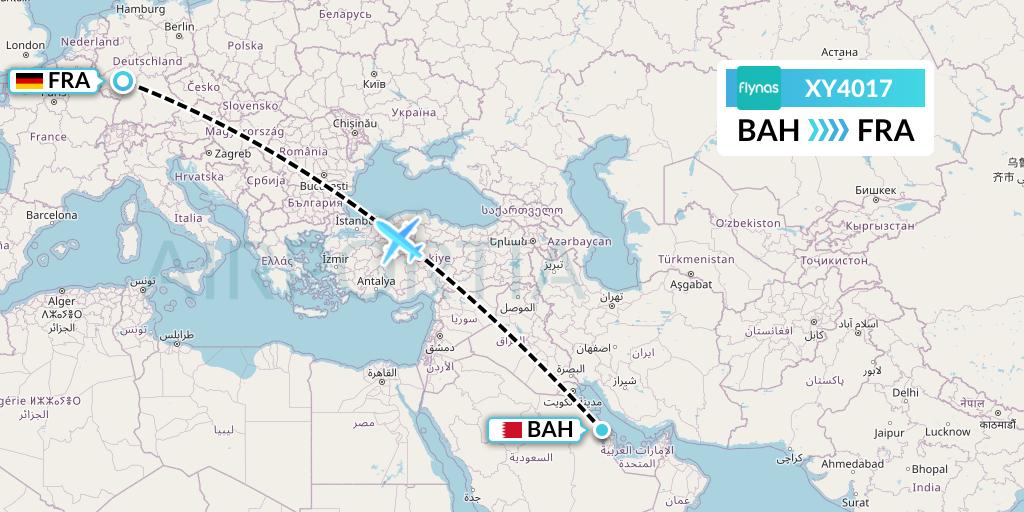 XY4017 Flynas Flight Map: Bahrain to Frankfurt