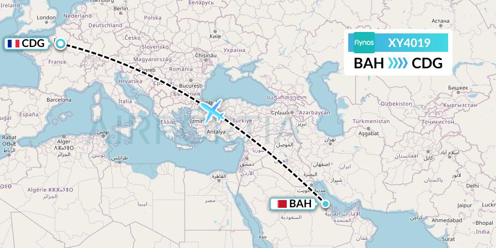XY4019 Flynas Flight Map: Bahrain to Paris