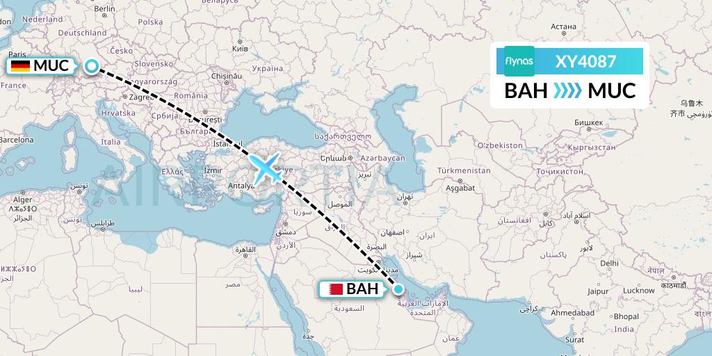 XY4087 Flynas Flight Map: Bahrain to Munich