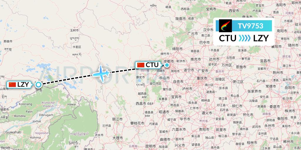 TV9753 Tibet Airlines Flight Map: Chengdu to Nyingchi