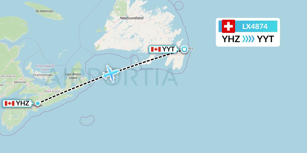 LX4874 Swiss Flight Map: Halifax to St. John's