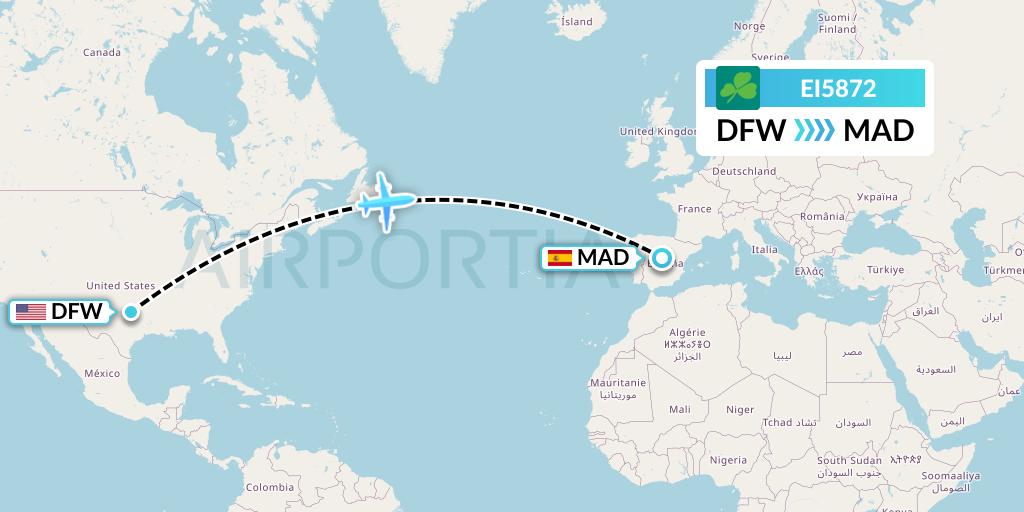 EI5872 Aer Lingus Flight Map: Dallas to Madrid