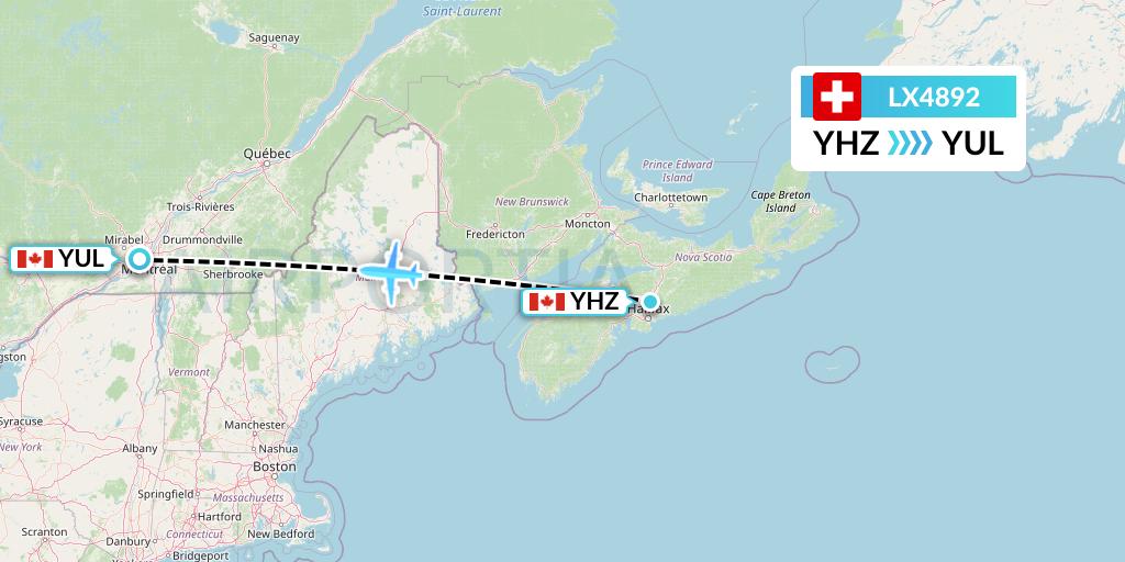 LX4892 Swiss Flight Map: Halifax to Montreal
