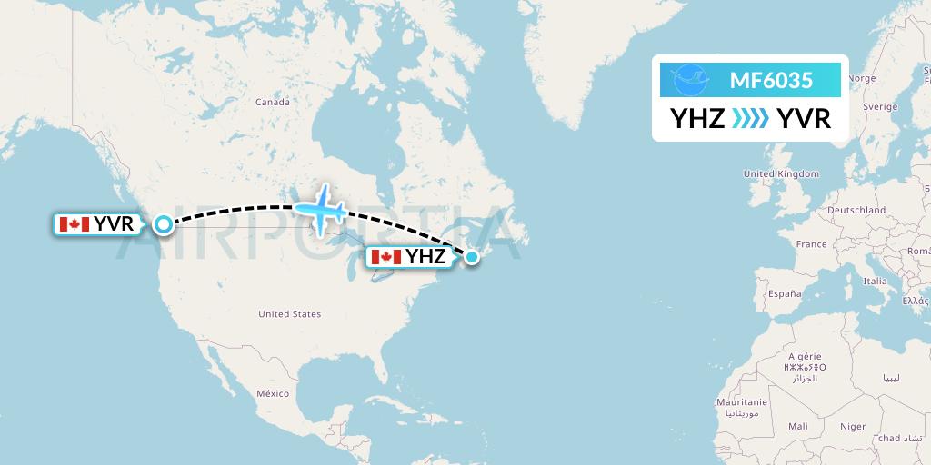 MF6035 Xiamen Airlines Flight Map: Halifax to Vancouver