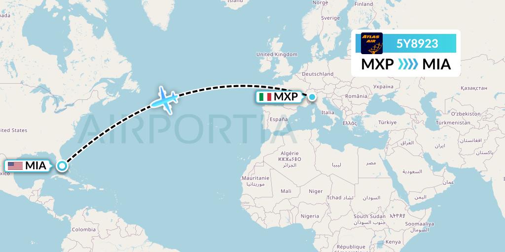 5Y8923 Atlas Air Flight Map: Milan to Miami