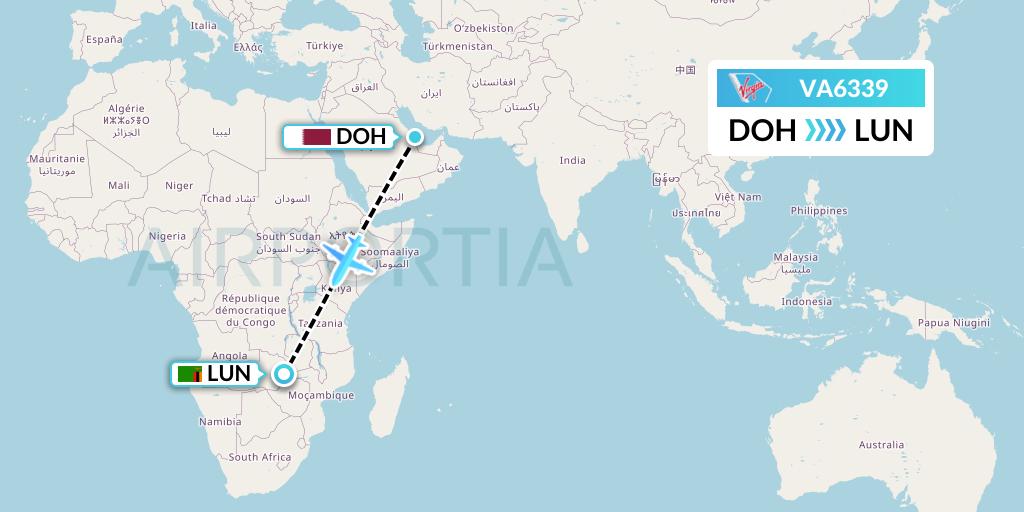 VA6339 Virgin Australia Flight Map: Doha to Lusaka