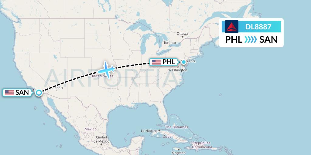 DL8887 Delta Air Lines Flight Map: Philadelphia to San Diego