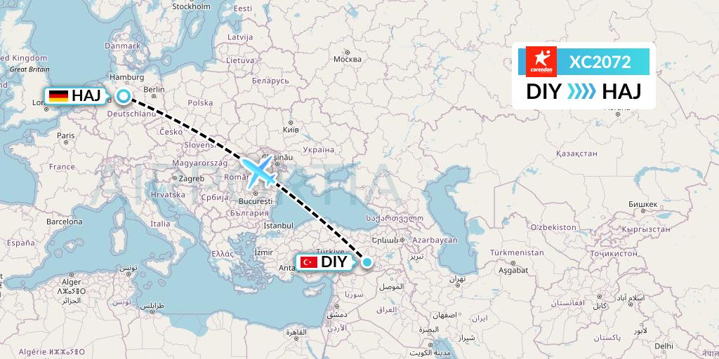 XC2072 Corendon Airlines Flight Map: Diyarbakir to Hannover