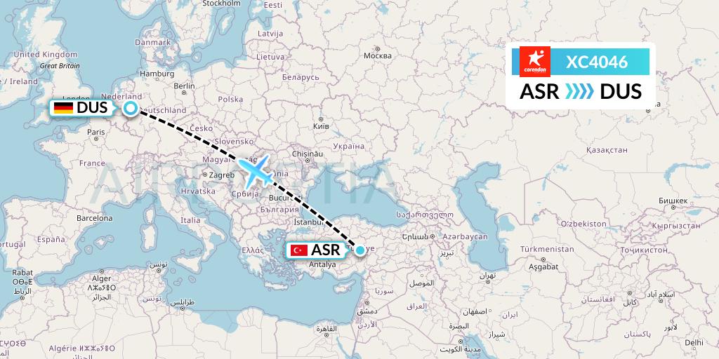 XC4046 Corendon Airlines Flight Map: Kayseri to Dusseldorf