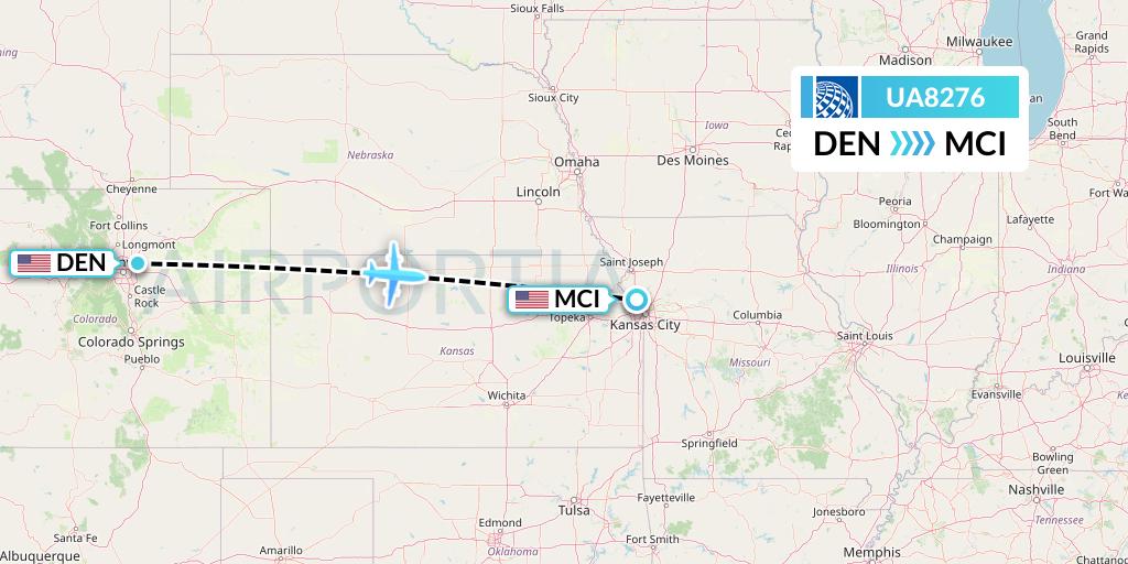 UA8276 United Airlines Flight Map: Denver to Kansas City