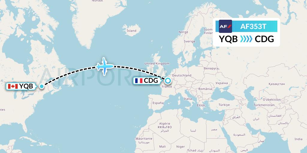 AF353T Air France Flight Map: Quebec to Paris