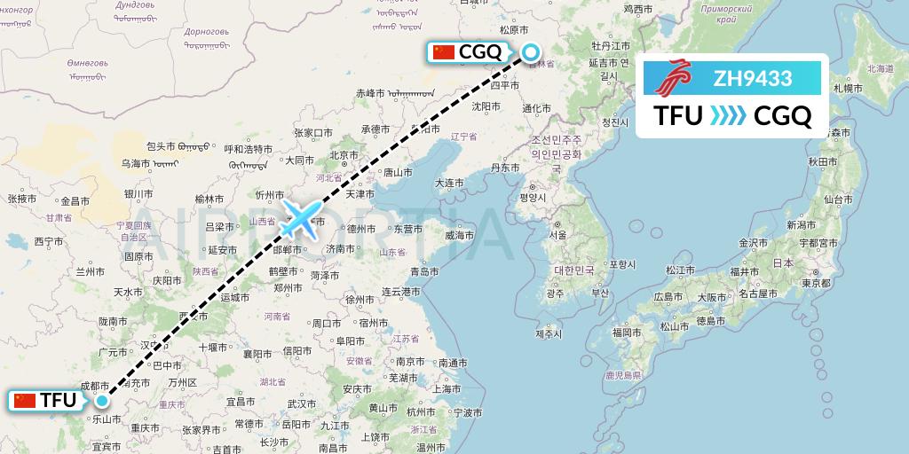 ZH9433 Shenzhen Airlines Flight Map: Chengdu to Changchun