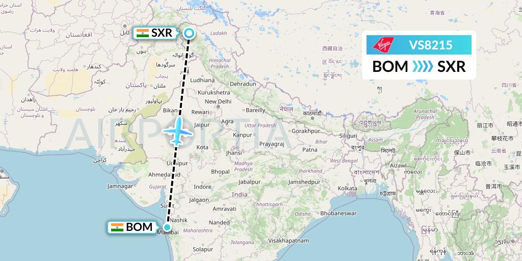 VS8215 Virgin Atlantic Airways Flight Map: Mumbai to Srinagar