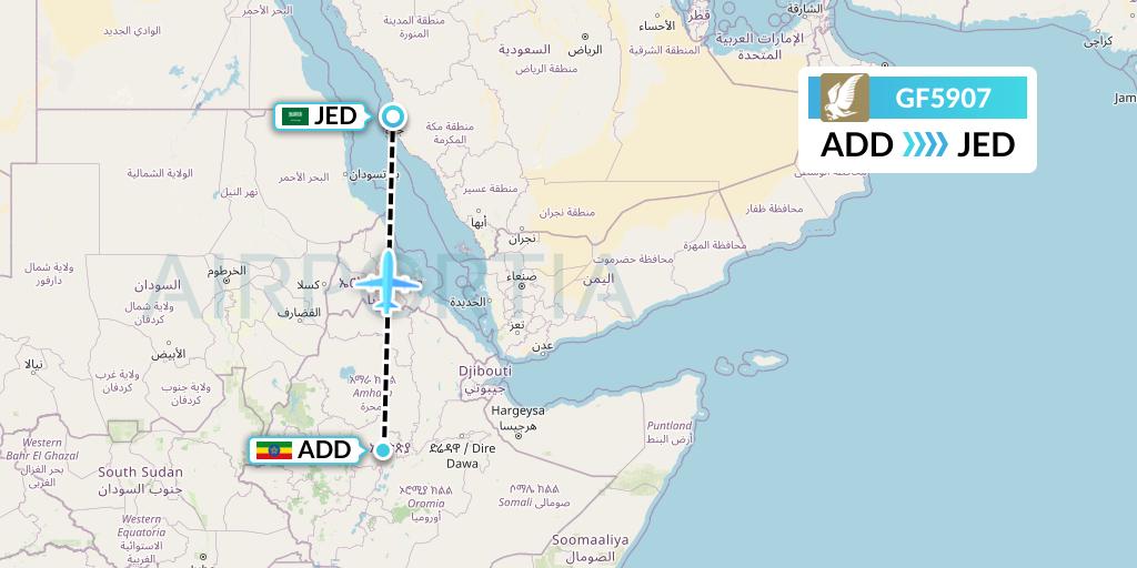 GF5907 Gulf Air Flight Map: Addis Ababa to Jeddah