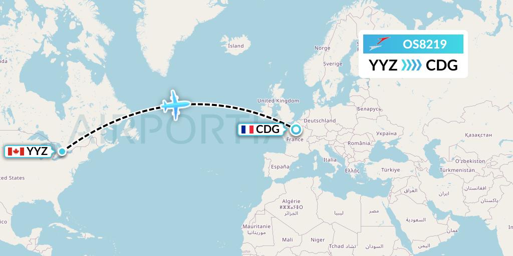 OS8219 Austrian Airlines Flight Map: Toronto to Paris