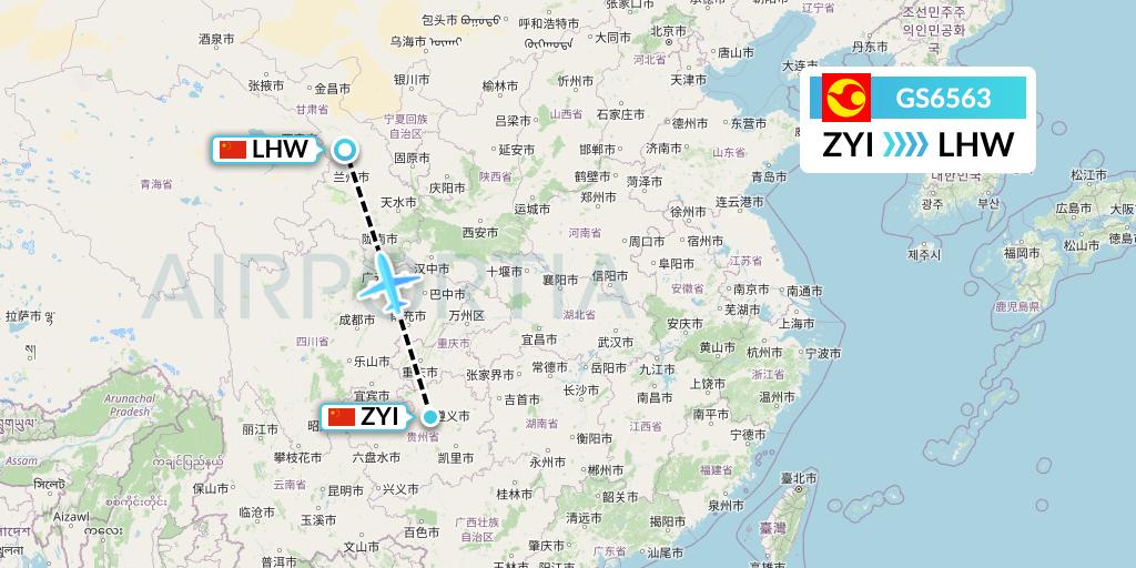 GS6563 Tianjin Airlines Flight Map: Zunyi to Lanzhou