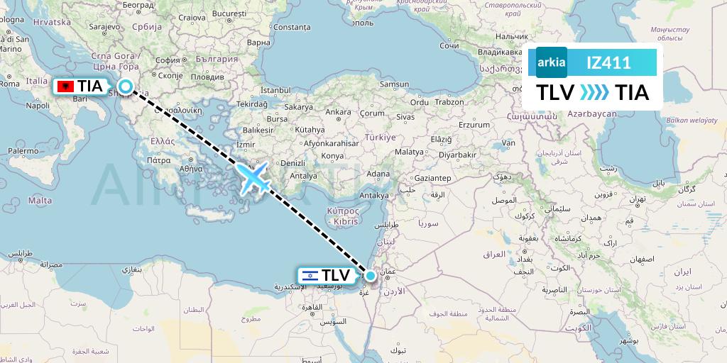 IZ411 Arkia Israeli Airlines Flight Map: Tel Aviv to Tirana