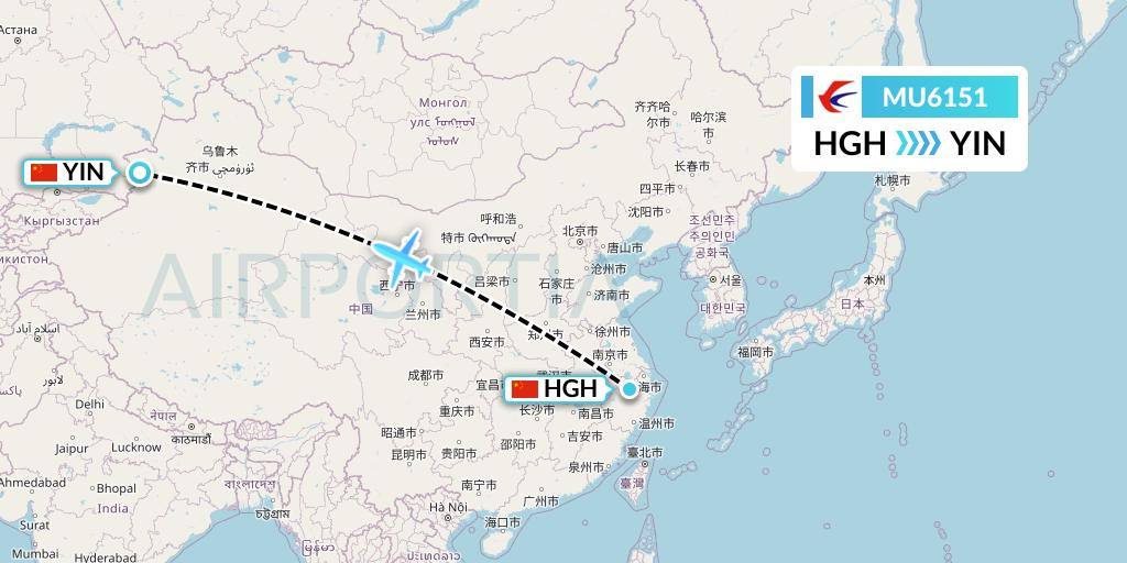 MU6151 China Eastern Airlines Flight Map: Hangzhou to Yining