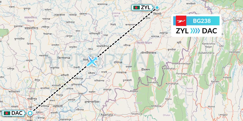 BG238 Biman Bangladesh Airlines Flight Map: Sylhet to Dhaka