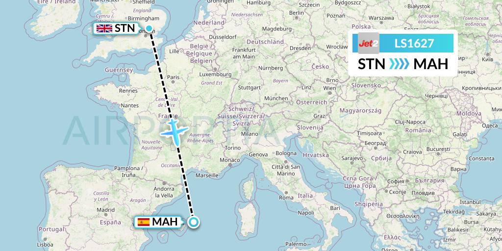 LS1627 Jet2 Flight Map: London to Mahon