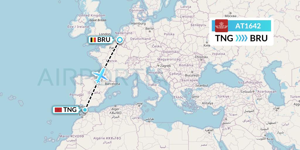 AT1642 Royal Air Maroc Flight Map: Tangier to Brussels