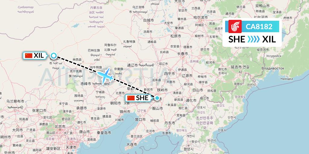 CA8182 Air China Flight Map: Shenyang to Xilinhot